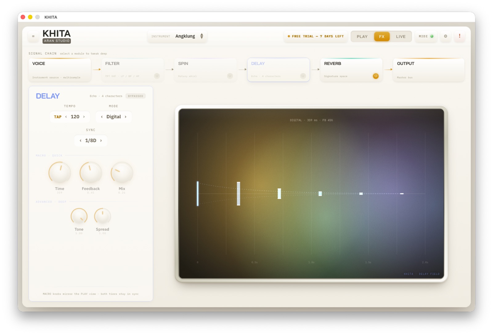 DELAY — หน้าจอโมดูลในแท็บ FX พร้อม Visualizer เฉพาะตัว