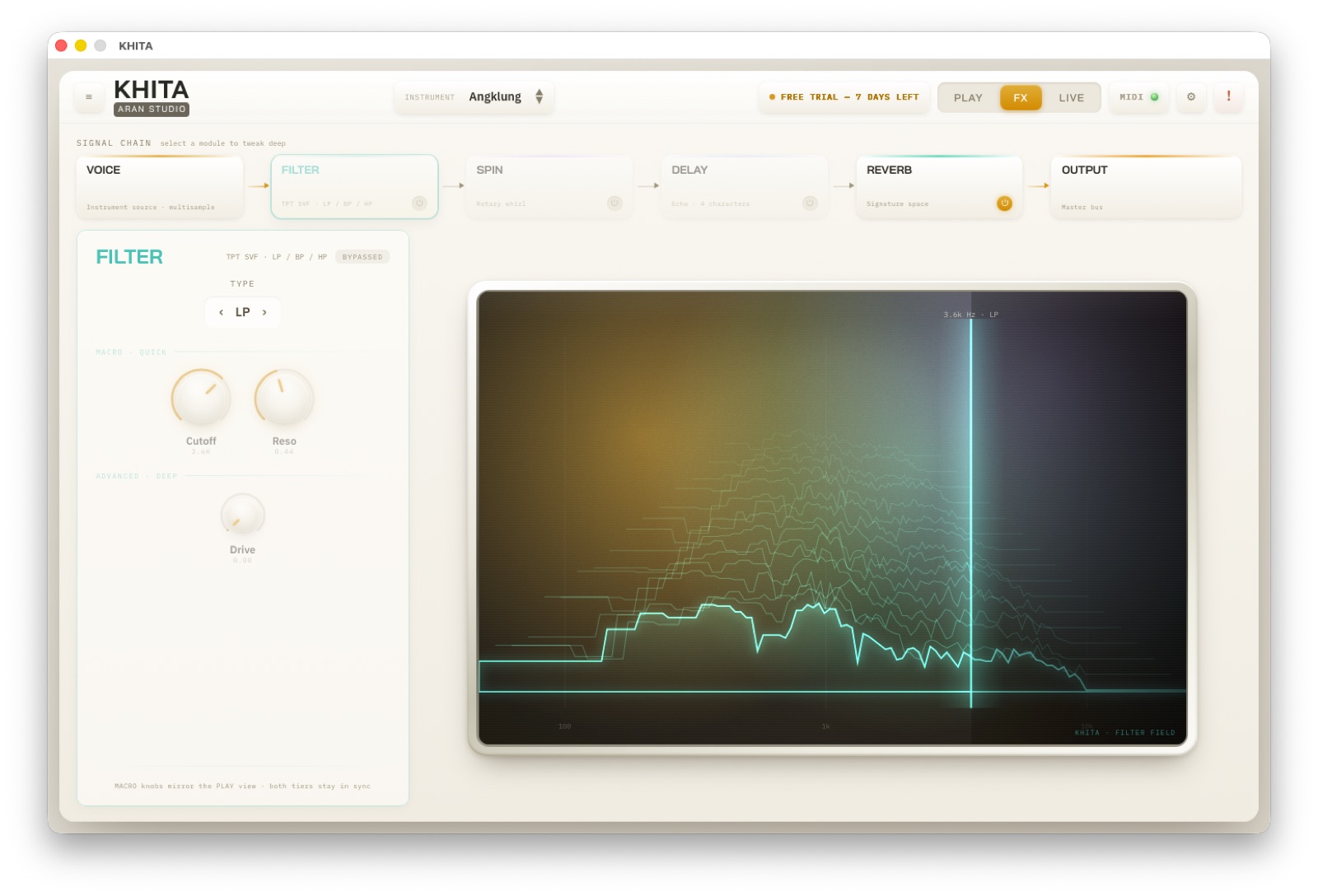 FILTER — หน้าจอโมดูลในแท็บ FX พร้อม Visualizer เฉพาะตัว