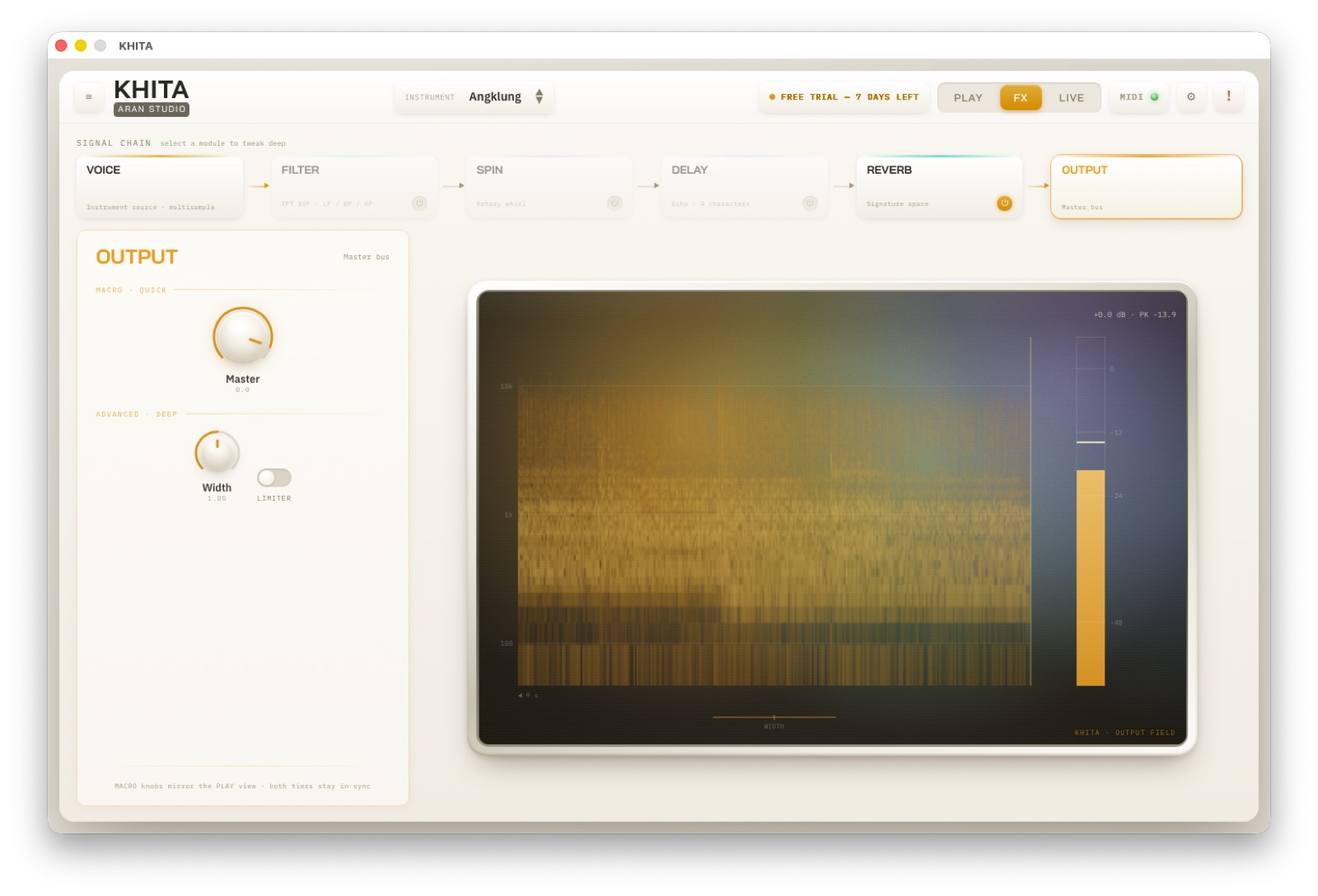 OUTPUT — หน้าจอโมดูลในแท็บ FX พร้อม Visualizer เฉพาะตัว