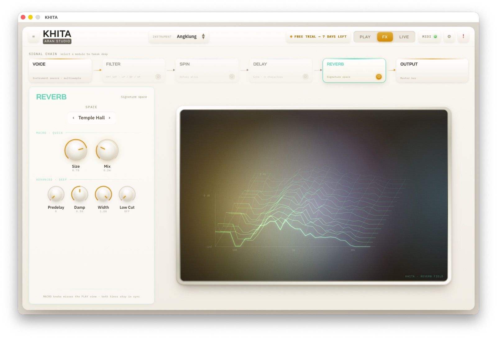 REVERB — หน้าจอโมดูลในแท็บ FX พร้อม Visualizer เฉพาะตัว