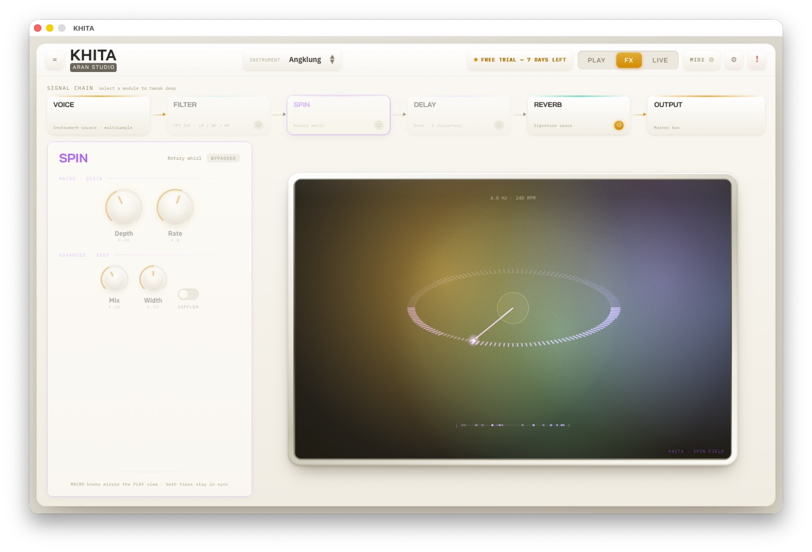 SPIN — หน้าจอโมดูลในแท็บ FX พร้อม Visualizer เฉพาะตัว
