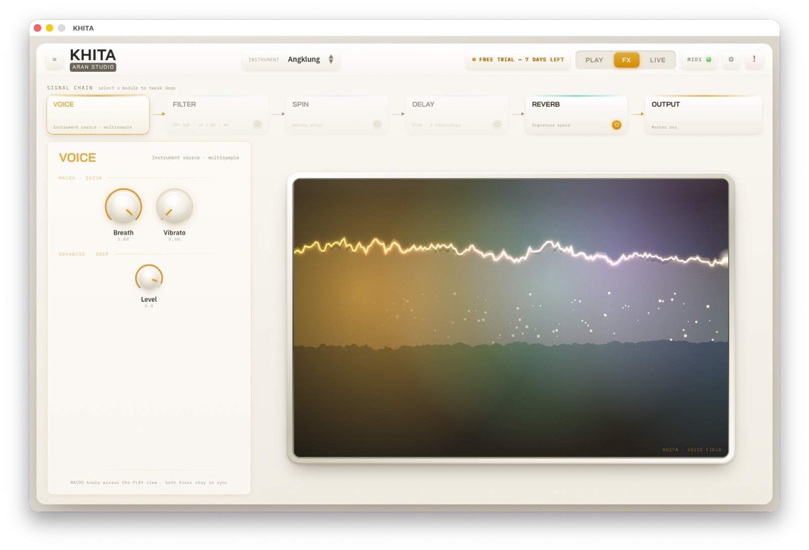 VOICE — หน้าจอโมดูลในแท็บ FX พร้อม Visualizer เฉพาะตัว