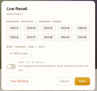 หน้าต่างตั้งค่า Live Recall ของแต่ละสล็อต