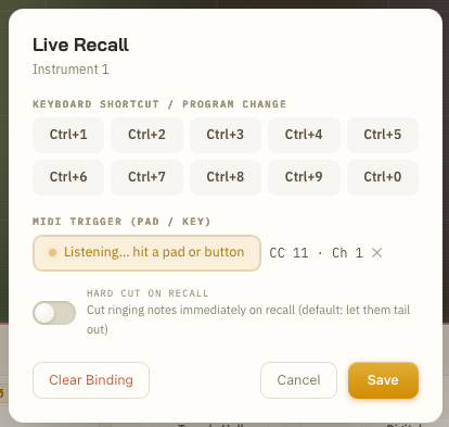 โหมด MIDI Learn กำลังรอสัญญาณ และจับปุ่ม CC 11 ได้อัตโนมัติ
