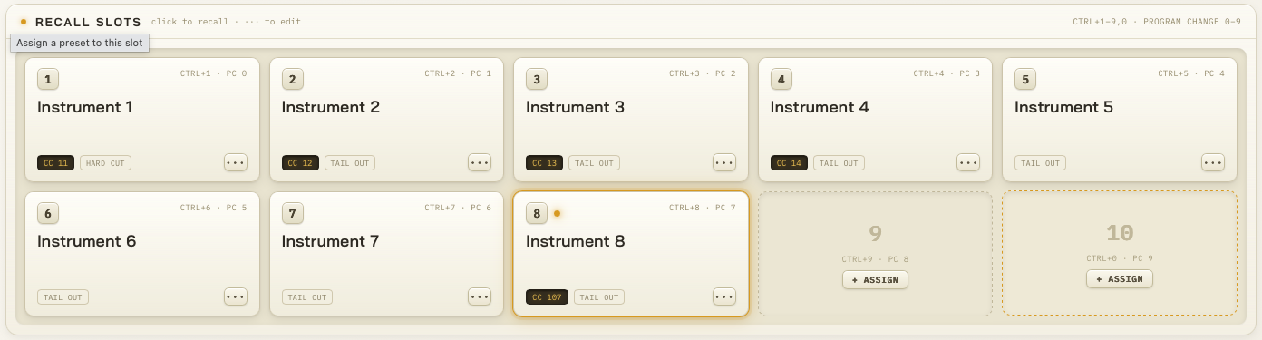 Recall Slots ทั้ง 10 ช่อง พร้อมแท็ก MIDI CC และโหมดตัดเสียง