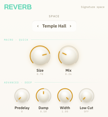 REVERB — แผงปุ่มโมดูล — ชั้น Macro และ Advanced
