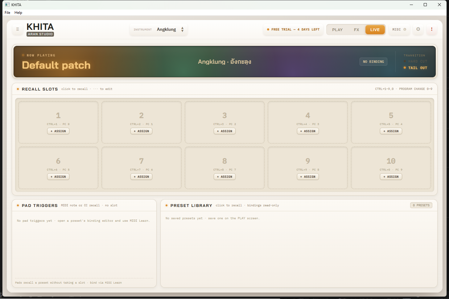 แท็บ LIVE แสดง Recall Slots, Pad Triggers และ Preset Library