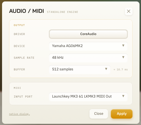 หน้าต่าง Audio/MIDI Settings เลือกซาวด์การ์ด Sample Rate Buffer และพอร์ต MIDI