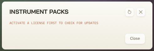 หน้าต่าง Instrument Packs สำหรับดาวน์โหลดแพ็กเครื่องดนตรีเพิ่ม