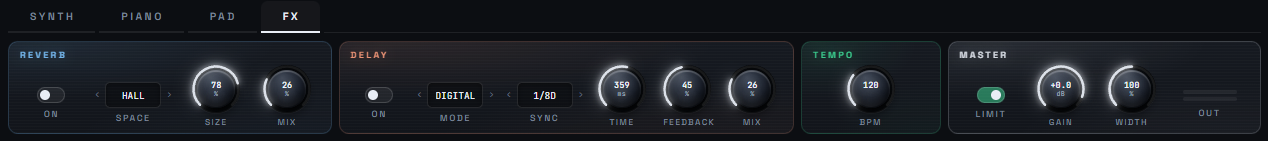 แผง FX ของ SAAM แสดง Reverb Delay Tempo และ Master