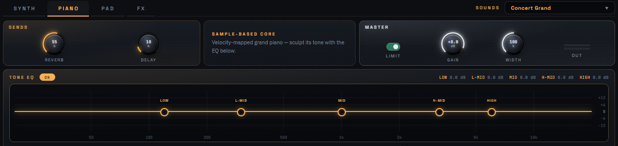 แผงเลเยอร์ PIANO ของ SAAM พร้อม Tone EQ 5 ย่าน