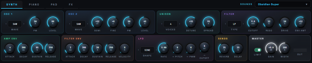 แผงปั้นเสียงเลเยอร์ SYNTH ของ SAAM