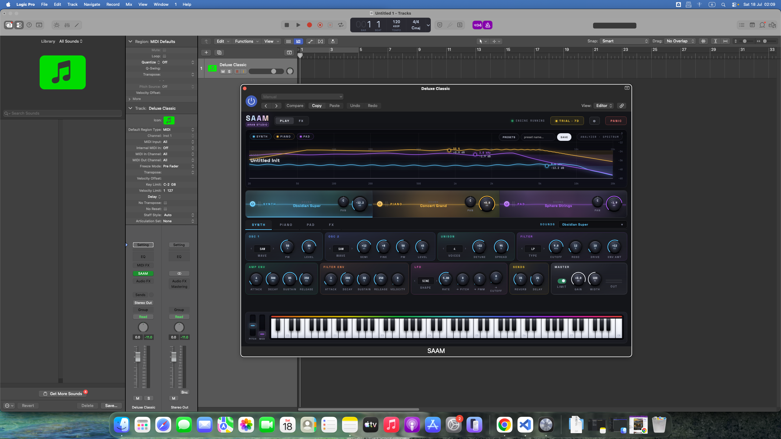 SAAM ทำงานเป็น Audio Unit ใน Logic Pro บน macOS (โหลดค่าเริ่มต้นจากโรงงานให้พร้อมเล่นทันที)