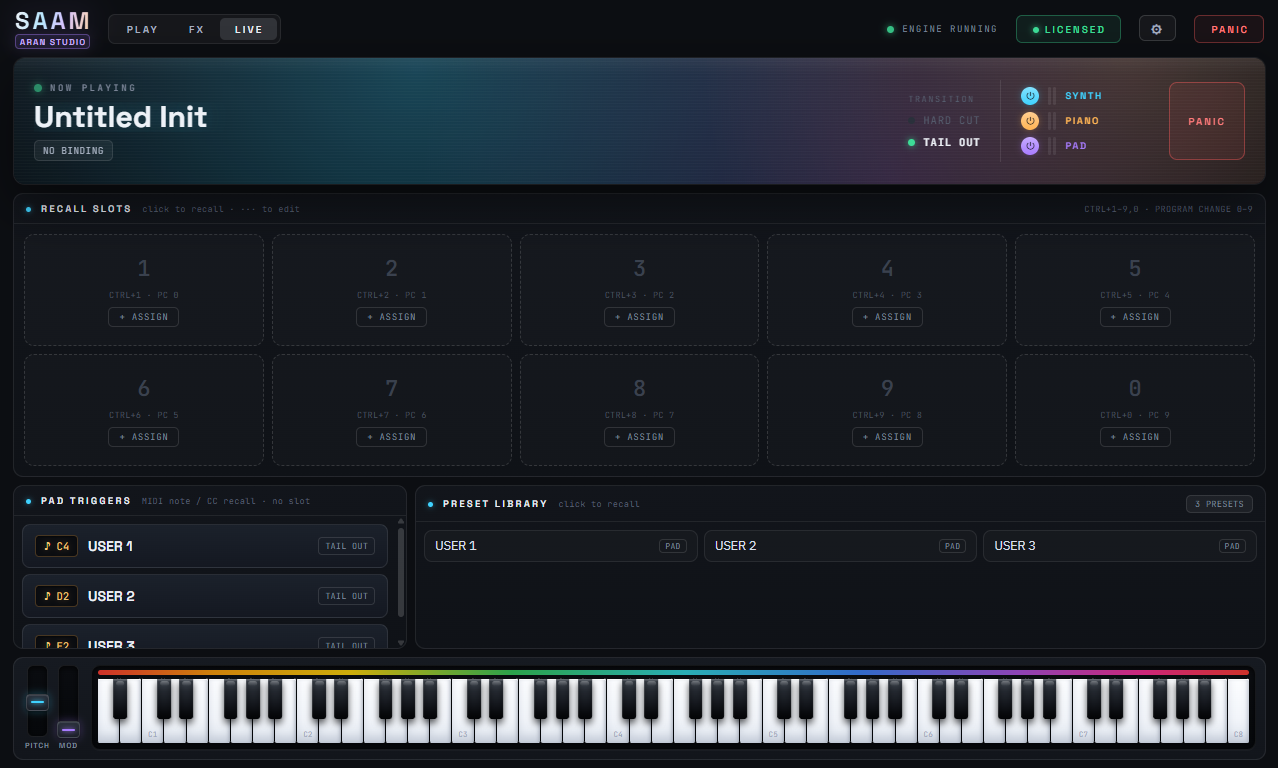 หน้า LIVE ของ SAAM แสดง Now Playing, Recall Slots, Pad Triggers และ Preset Library