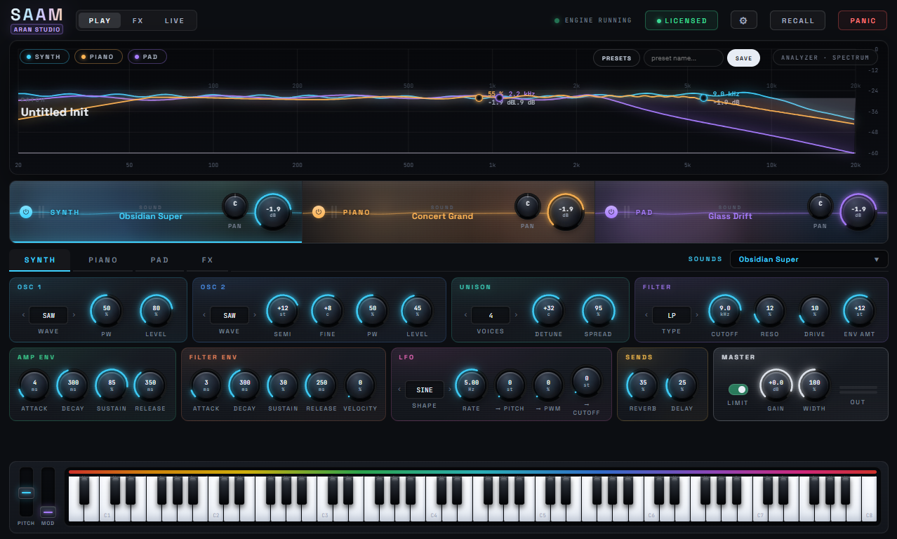 หน้าจอหลักของ SAAM แสดง 3 เลเยอร์ SYNTH / PAD / PIANO