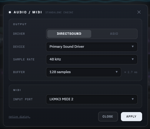 หน้าต่างตั้งค่า Audio และ MIDI ของ SAAM