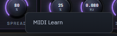 เมนู MIDI Learn จากการคลิกขวาที่ปุ่มหมุน